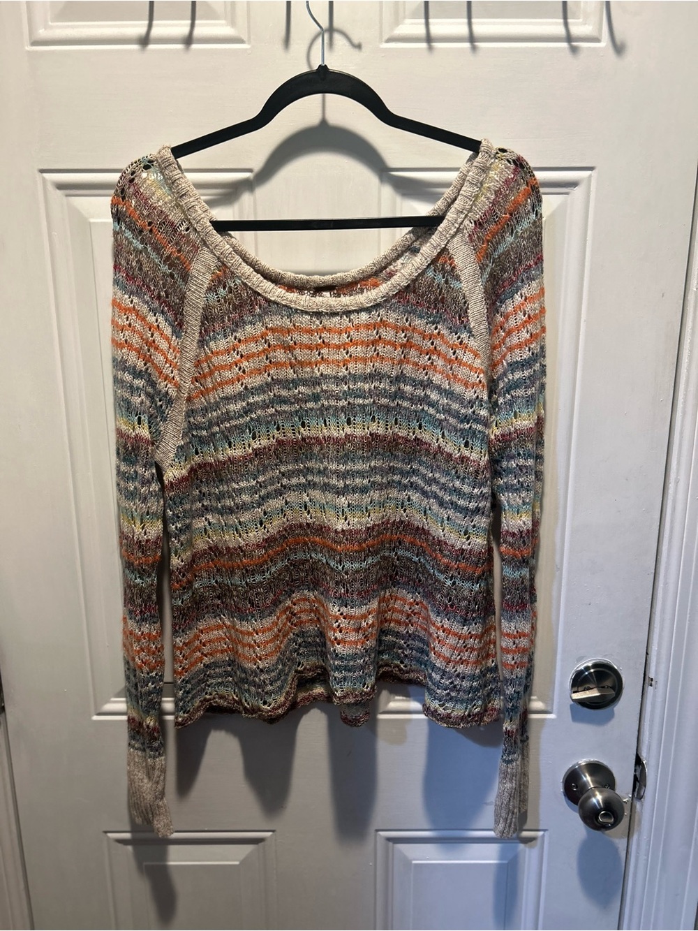 Free People Multicolor Striped Open-Knit Crew Sweater